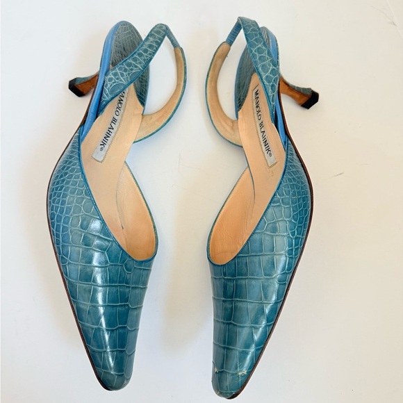 Manolo Blahnik Teal Blue Croc Embossed Leather Carolyne Slingback Heels EU 38.5 - Picture 4 of 10